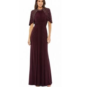 MAC DUGGAL Burgundy Beaded Cape Gown XS‎ NEW Draped Elegant Formal Evening Dress